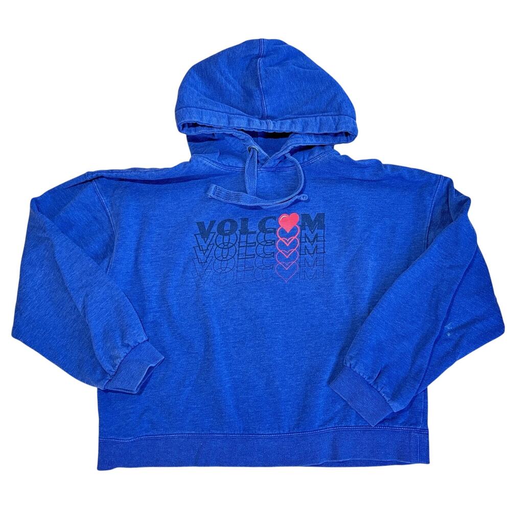 Volcom Hoodie ~ Blue Stacked Heart Graphic Hoodie Sweatshirt ~ Women's XL